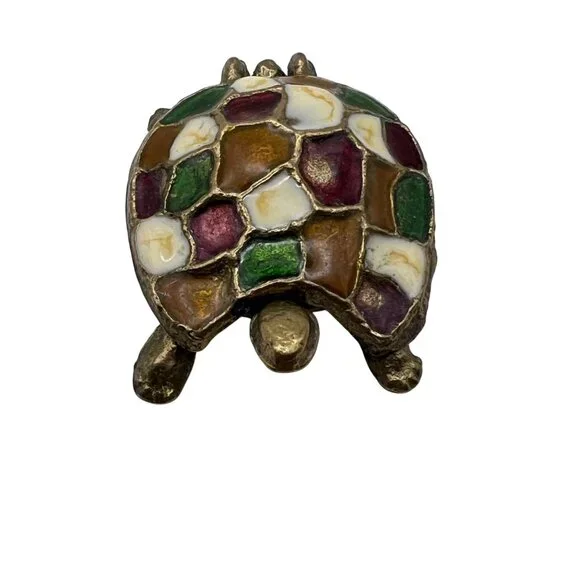Vintage Brass Turtle Trinket Box Colorful Enamel Mosaic Shell Cottagecore Boho - Picture 2 of 12